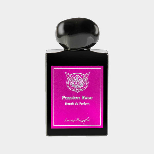 A sleek, black perfume bottle labeled Passion Rose by Lorenzo Pazzaglia, featuring a vibrant pink and metallic design. The bottle is elegantly shaped, emphasizing its luxurious nature as an extrait de parfum sample.