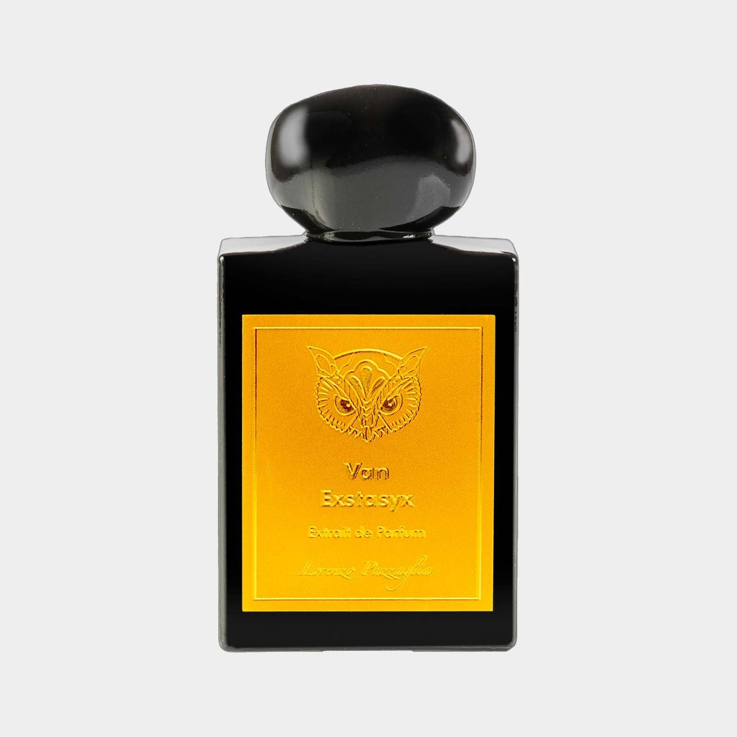 A full bottle of Lorenzo Pazzaglia Van Exstasyx, featuring a sleek black design with a striking gold label and an owl emblem, presented as an extrait de parfum.
