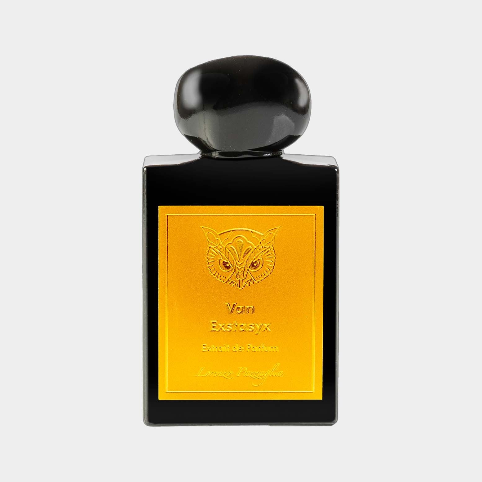 A full bottle of Lorenzo Pazzaglia Van Exstasyx, featuring a sleek black design with a striking gold label and an owl emblem, presented as an extrait de parfum.