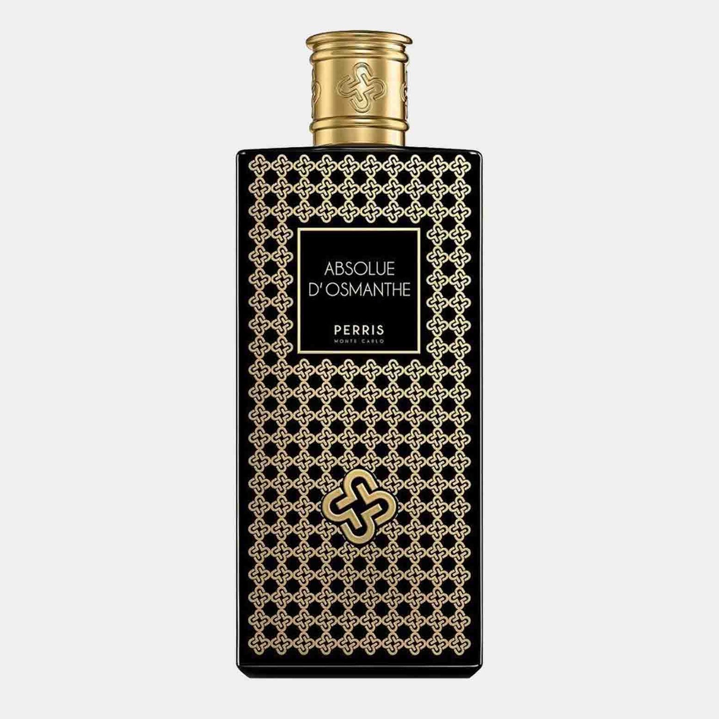 A sleek black bottle with intricate golden patterns, featuring the label Perris Monte Carlo Absolue D'Osmanthe Sample. The design exudes luxury and elegance, highlighting the fragrance inside.