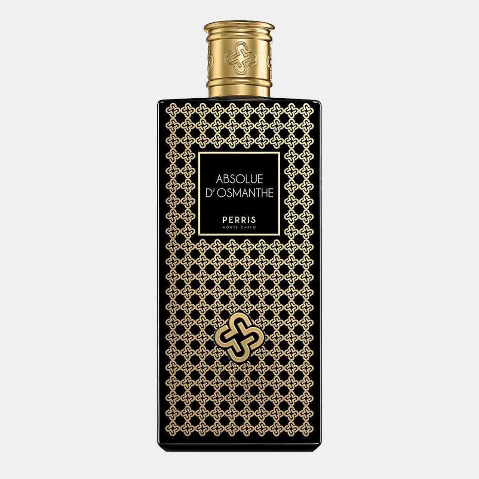 A sleek black bottle with intricate golden patterns, featuring the label Perris Monte Carlo Absolue D'Osmanthe Sample. The design exudes luxury and elegance, highlighting the fragrance inside.