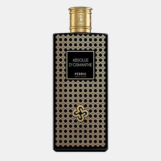 A sleek black bottle with intricate golden patterns, featuring the label Perris Monte Carlo Absolue D'Osmanthe Sample. The design exudes luxury and elegance, highlighting the fragrance inside.