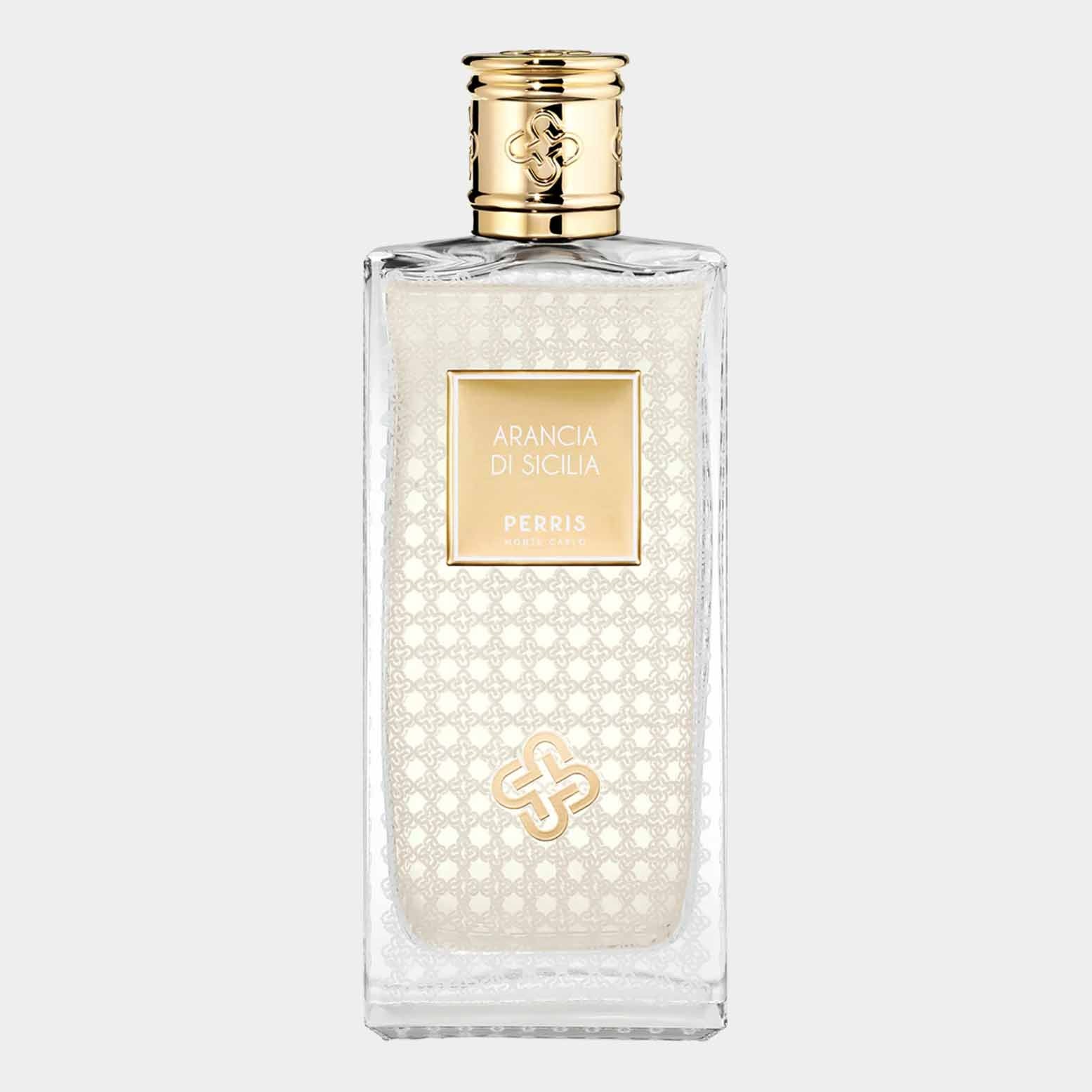 A clear glass sample bottle of Perris Monte Carlo Arancia di Sicilia perfume, featuring an elegant gold cap and a decorative label showcasing the fragrance's name.