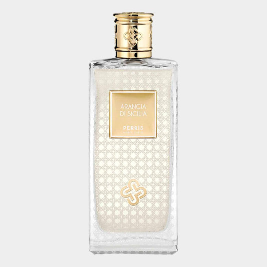 A clear glass sample bottle of Perris Monte Carlo Arancia di Sicilia perfume, featuring an elegant gold cap and a decorative label showcasing the fragrance's name.