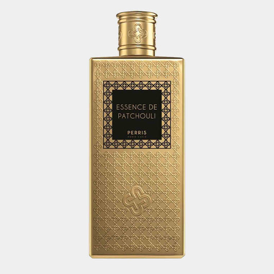 A gold rectangular bottle of Perris Monte Carlo Essence de Patchouli Sample, featuring an ornate embossed design and a black label showcasing the fragrance name.