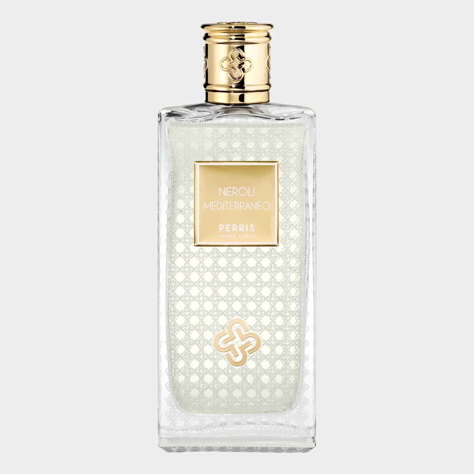 A clear glass bottle of Perris Monte Carlo Neroli Mediterraneo Sample, featuring an elegant design with a golden label and intricate patterns, showcasing a fresh and citrusy fragrance inspired by Mediterranean notes.