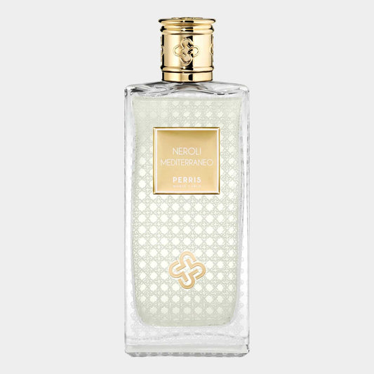 A clear glass bottle of Perris Monte Carlo Neroli Mediterraneo Sample, featuring an elegant design with a golden label and intricate patterns, showcasing a fresh and citrusy fragrance inspired by Mediterranean notes.