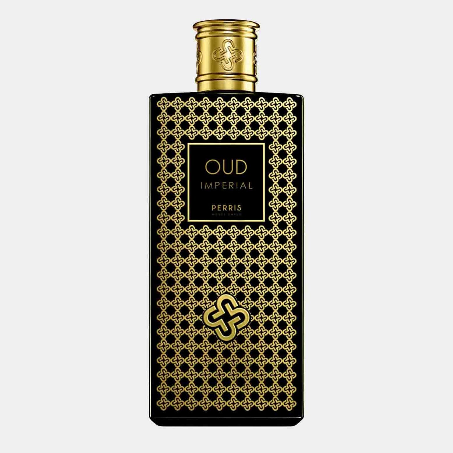 A sleek black bottle adorned with intricate gold patterns, featuring the label Oud Imperial by Perris Monte Carlo. This is a sample of an elegant and luxurious fragrance.