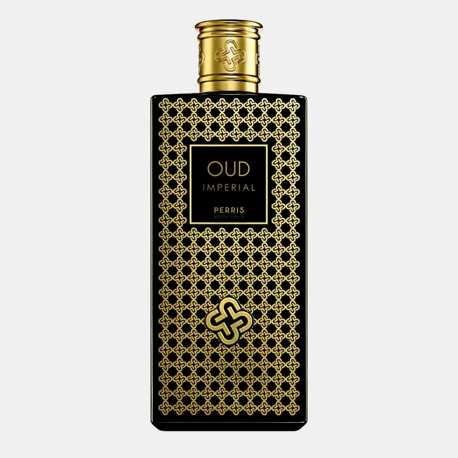 A sleek black bottle adorned with intricate gold patterns, featuring the label Oud Imperial by Perris Monte Carlo. This is a sample of an elegant and luxurious fragrance.