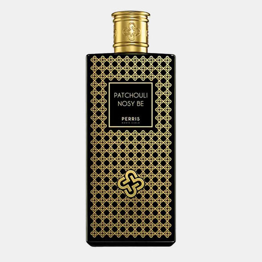 Sample bottle of Perris Monte Carlo Patchouli Nosy Be, featuring an elegant black and gold design with intricate patterns, showcasing its luxurious contents.