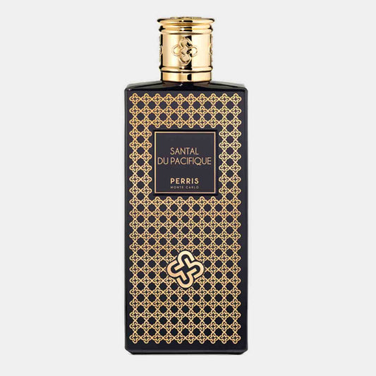 A black bottle of Perris Monte Carlo Santal Du Pacifique Sample, adorned with intricate gold patterns and a decorative cap, showcasing a luxurious fragrance.