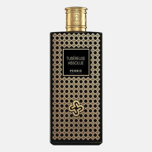A sleek black bottle adorned with intricate golden patterns, featuring the label 'Perris Monte Carlo Tubéreuse Absolue Sample'. The elegant design reflects the luxurious essence of the fragrance inside.