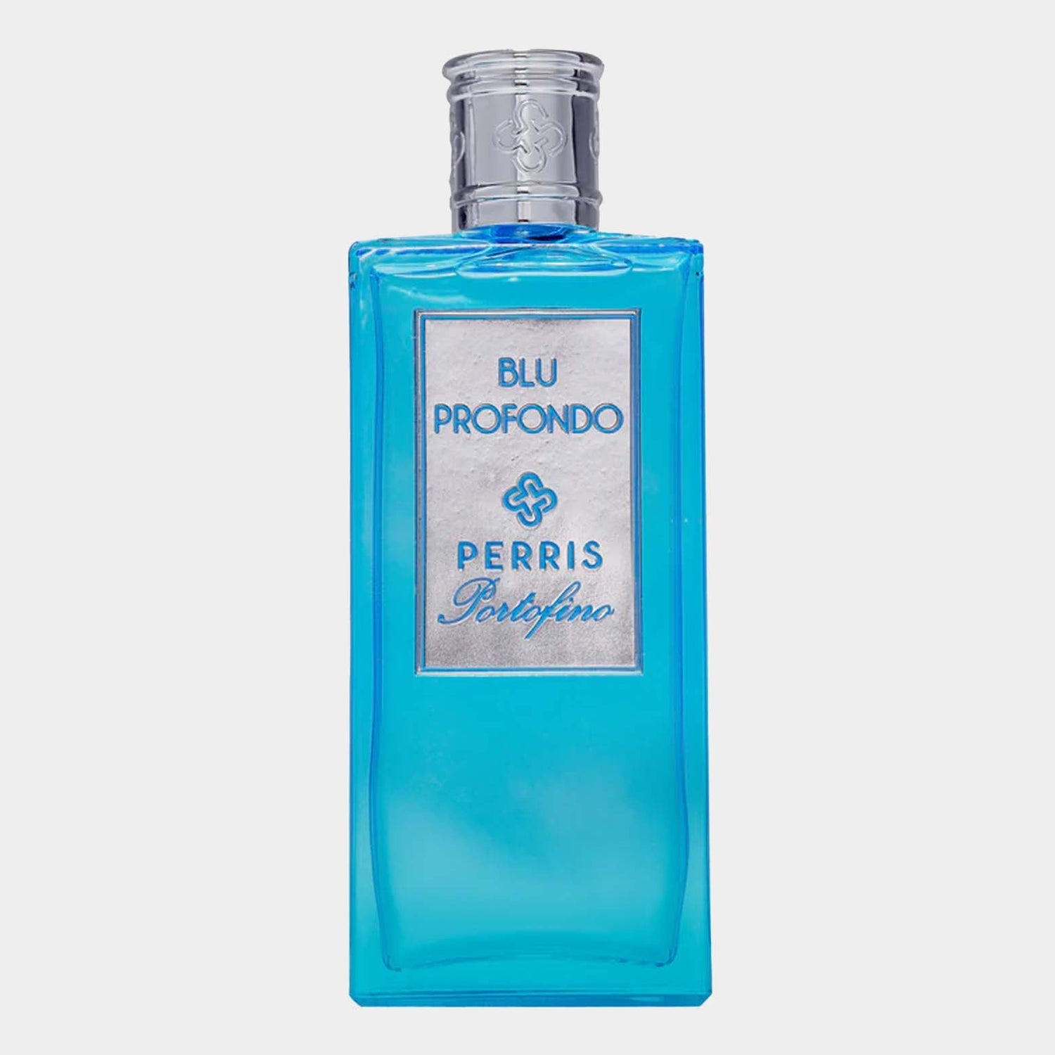 A small bottle of Perris Portofino Blu Profondo, featuring a striking blue color and a silver label with ornate text, ready for sampling.