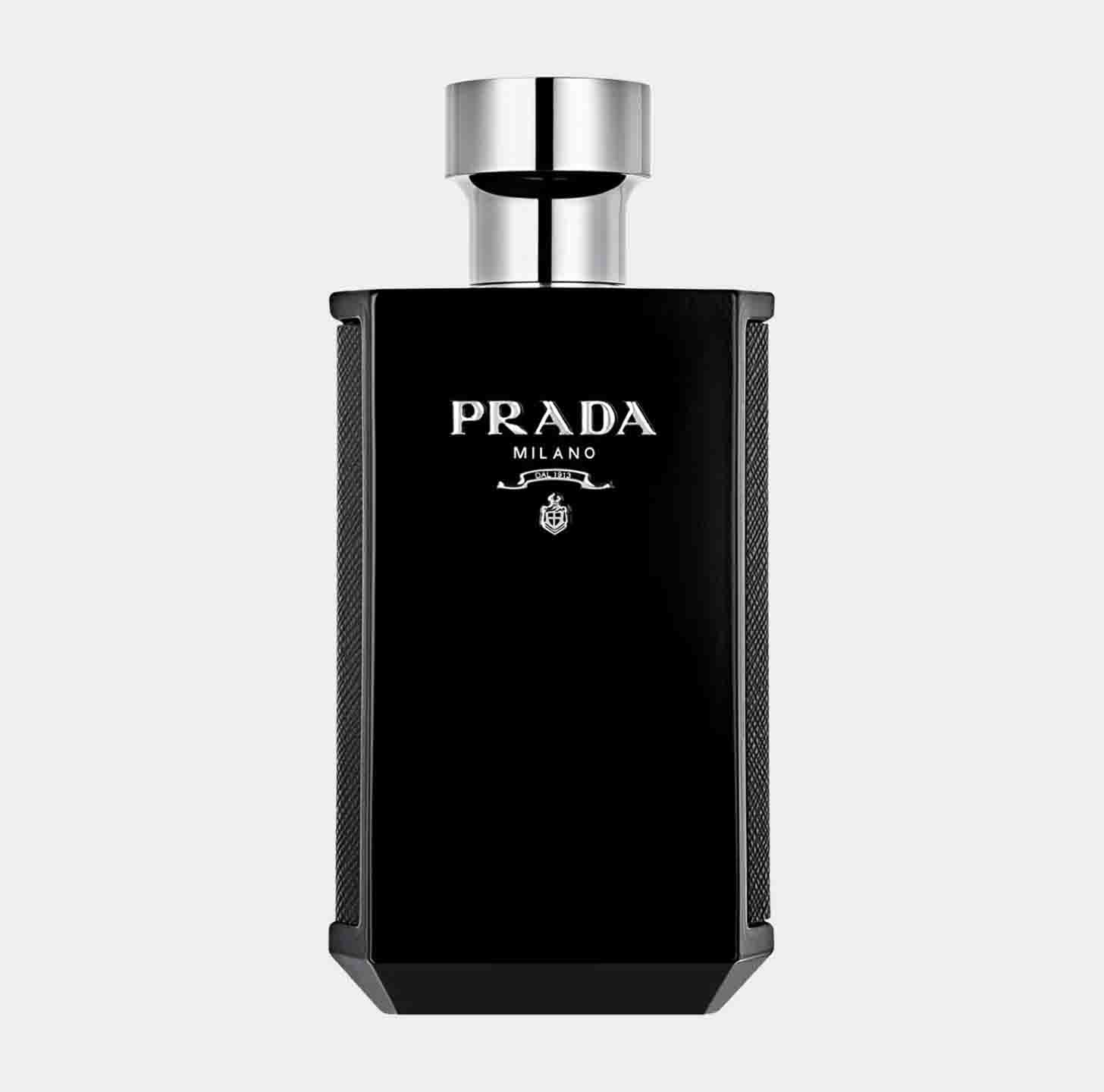 A sleek black sample bottle of Prada L'homme Intense, featuring a silver cap and the Prada logo prominently displayed on the front. The design combines elegance with a modern touch.