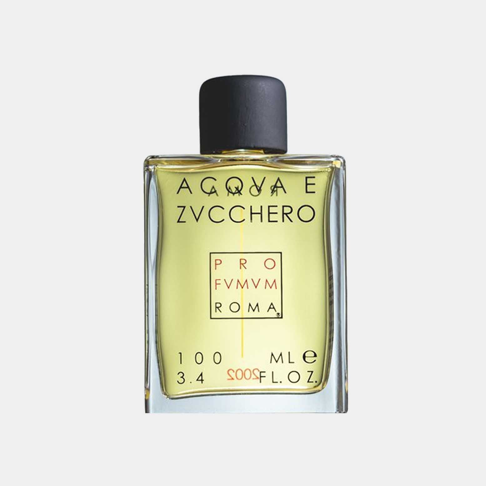 A small glass bottle of Profumum Roma Acqua e Zucchero fragrance sample, featuring a yellow liquid and a black cap, labeled with elegant lettering.