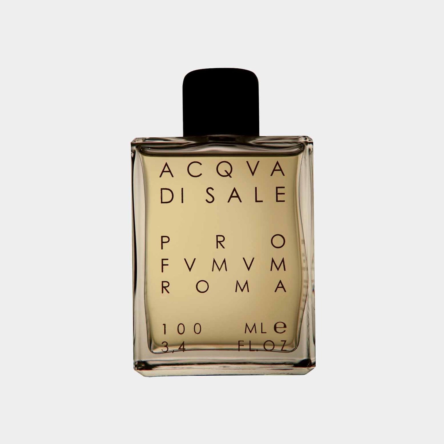 A clear glass bottle of Profumum Roma Acqua di Sale perfume, featuring minimalist packaging with black text and a black cap. The bottle holds 100 ml of fragrance.