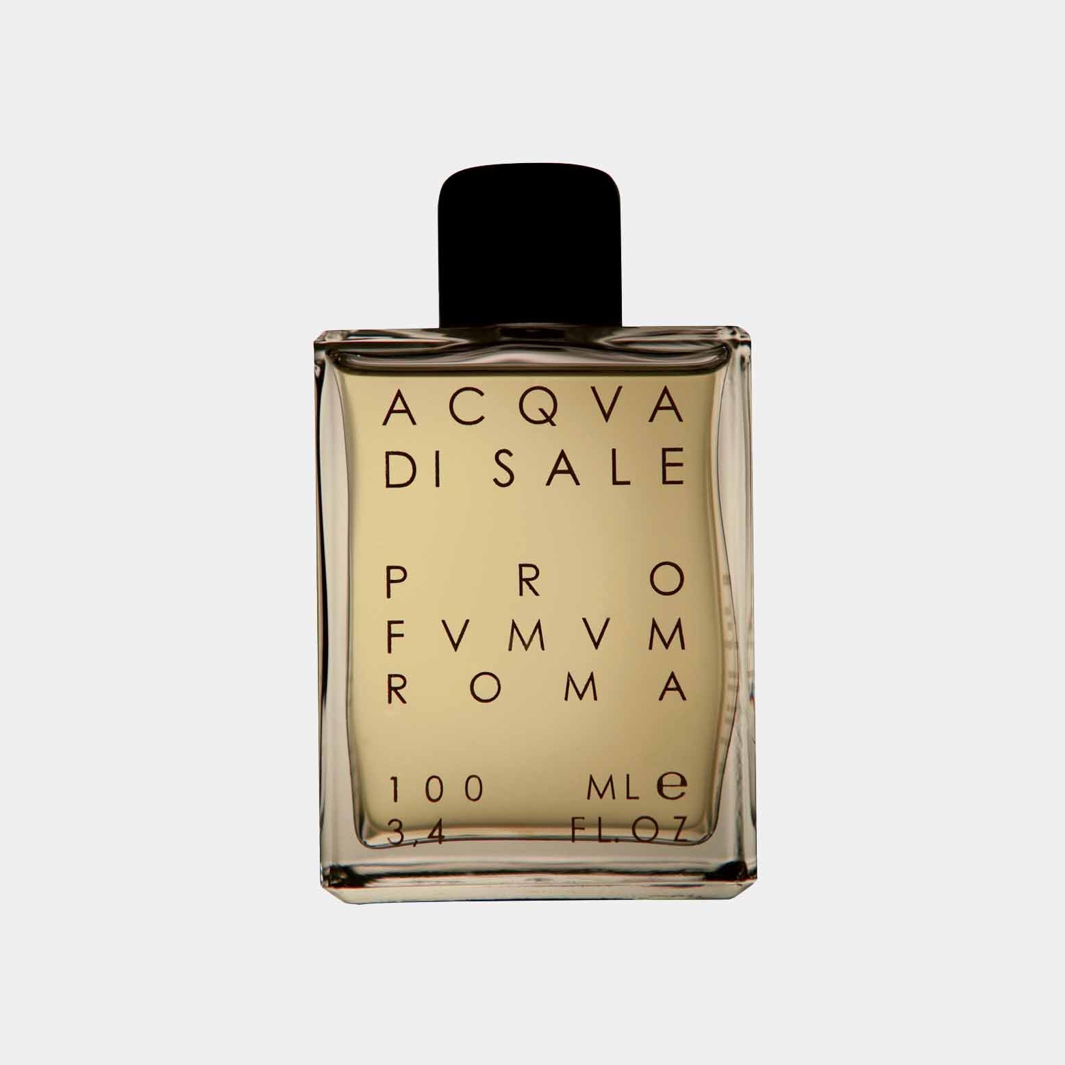 A clear glass bottle of Profumum Roma Acqua di Sale perfume, featuring minimalist packaging with black text and a black cap. The bottle holds 100 ml of fragrance.
