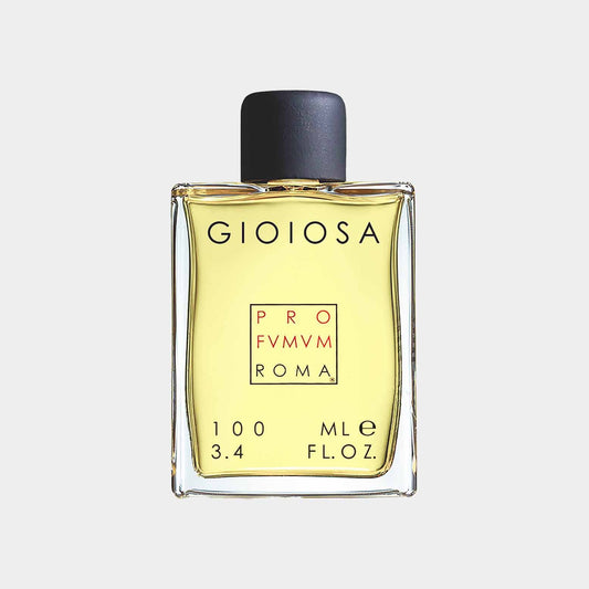 A clear glass bottle of Profumum Roma Gioiosa Sample, featuring a black cap and a label displaying the brand name and fragrance details, with a pale yellow liquid inside.