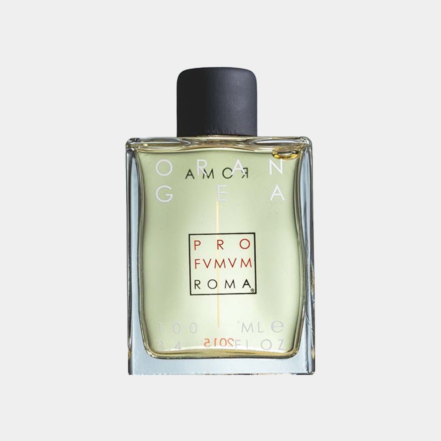 A clear glass bottle of Profumum Roma Orangea sample, featuring a minimalist design with a black cap and a label displaying the brand name. The fragrance inside is a light yellow hue.