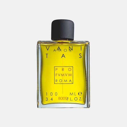 A square glass bottle of Profumum Roma Vanitas Sample, featuring a yellow liquid and a black cap, with minimalist branding on the front.