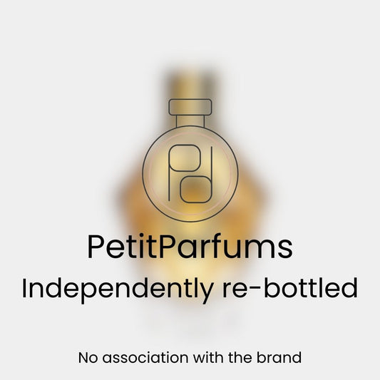 Million Gold For Her Sample by PetitParfums, displayed in a clear bottle with a golden hue, indicating an independently re-bottled fragrance.