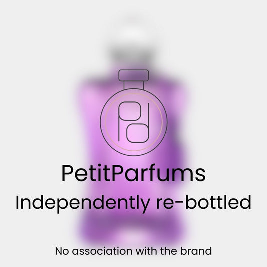Palatine Sample from PetitParfums, featuring a purple re-bottled perfume with a minimalist design. The image emphasizes its independent branding with a clear no association statement.