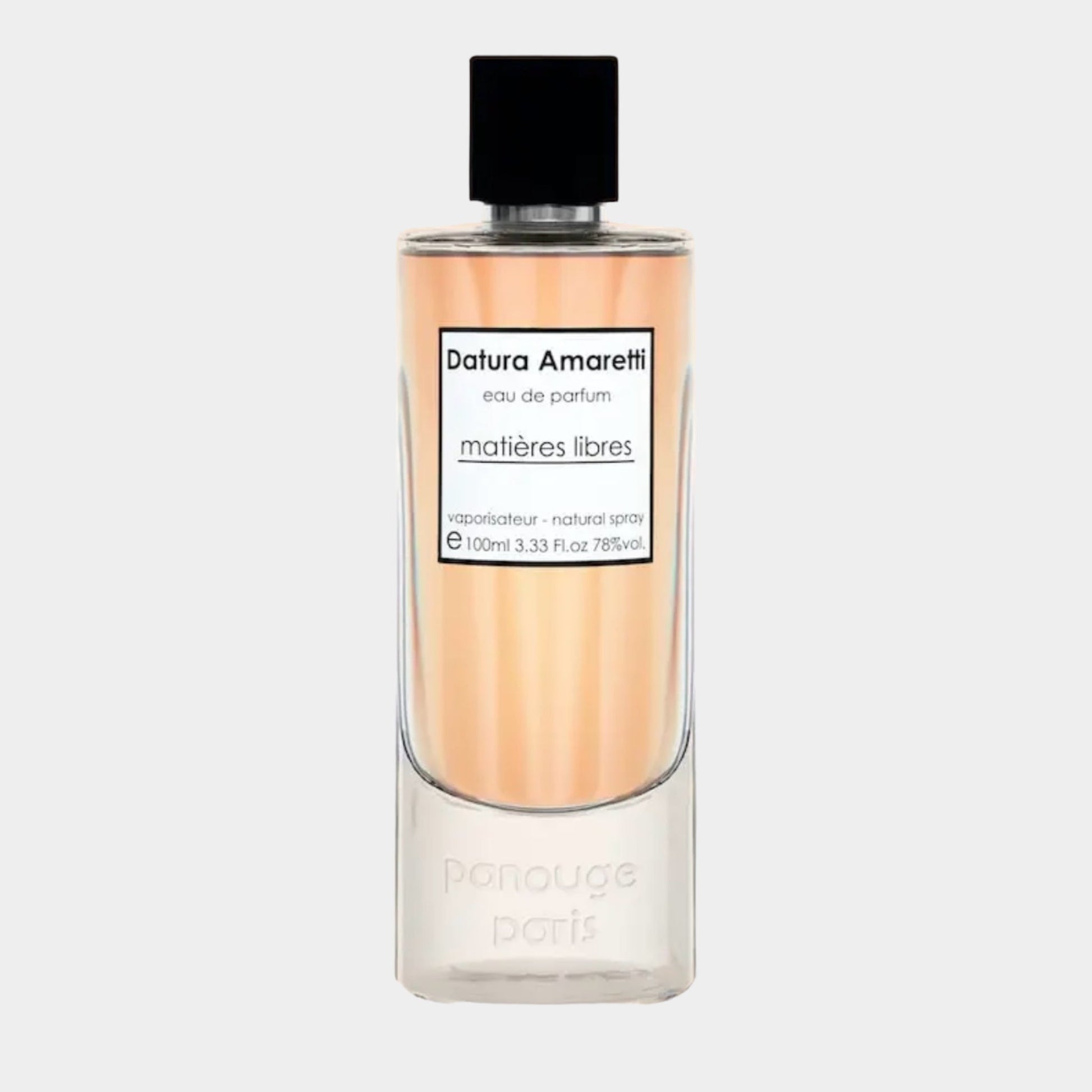 Panouge Paris Datura Amaretti Sample, a clear glass perfume bottle filled with a soft peach-colored liquid, featuring a sleek black cap and minimalistic label.