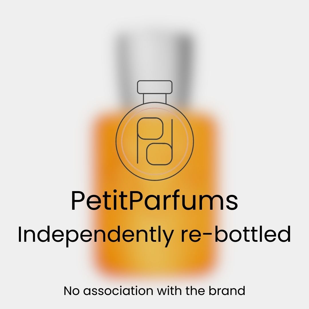 Perseus Sample by PetitParfums, featuring a bottle with a warm orange liquid. The label indicates it is independently re-bottled with no association to the original brand.