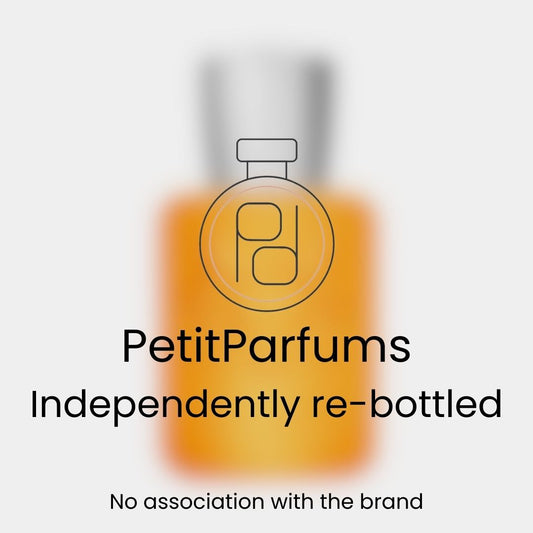 Perseus Sample by PetitParfums, featuring a bottle with a warm orange liquid. The label indicates it is independently re-bottled with no association to the original brand.