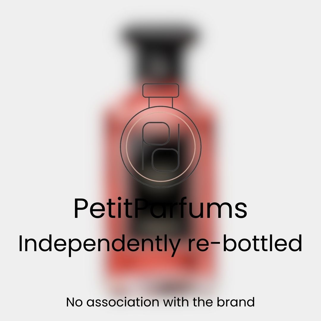 A blurred image of a chic bottle labeled 'Patchouli Paris Sample' from PetitParfums, highlighting its independently re-bottled nature with no association to the original brand.