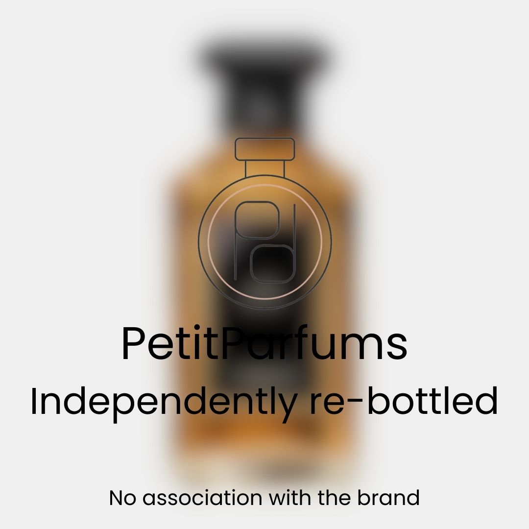 A bottle labeled 'Cuir Béluga Sample' showcasing its rich, amber liquid. The design is sleek and modern, emphasizing an independent re-bottling by PetitParfums.