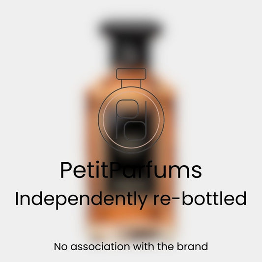 A blurred image of a bottle labeled Tobacco Honey Sample from PetitParfums, indicating it is independently re-bottled with no association to the original brand.