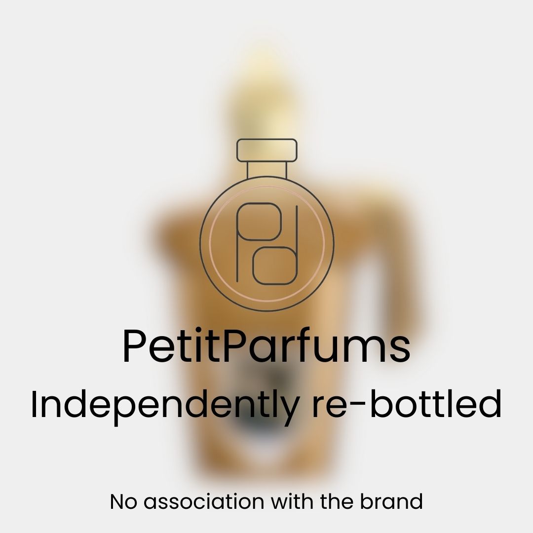 Lira Sample by PetitParfums, independently re-bottled fragrance presented in a sleek, minimalist bottle design. The image features a blurred background with branding and a message indicating no association with the original brand.