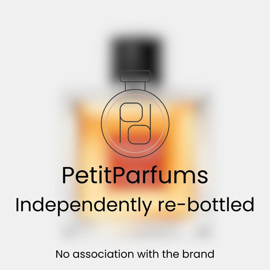 Heritage EDP Sample presented in a re-bottled bottle by PetitParfums, featuring a warm amber liquid. The label indicates no association with the original brand.