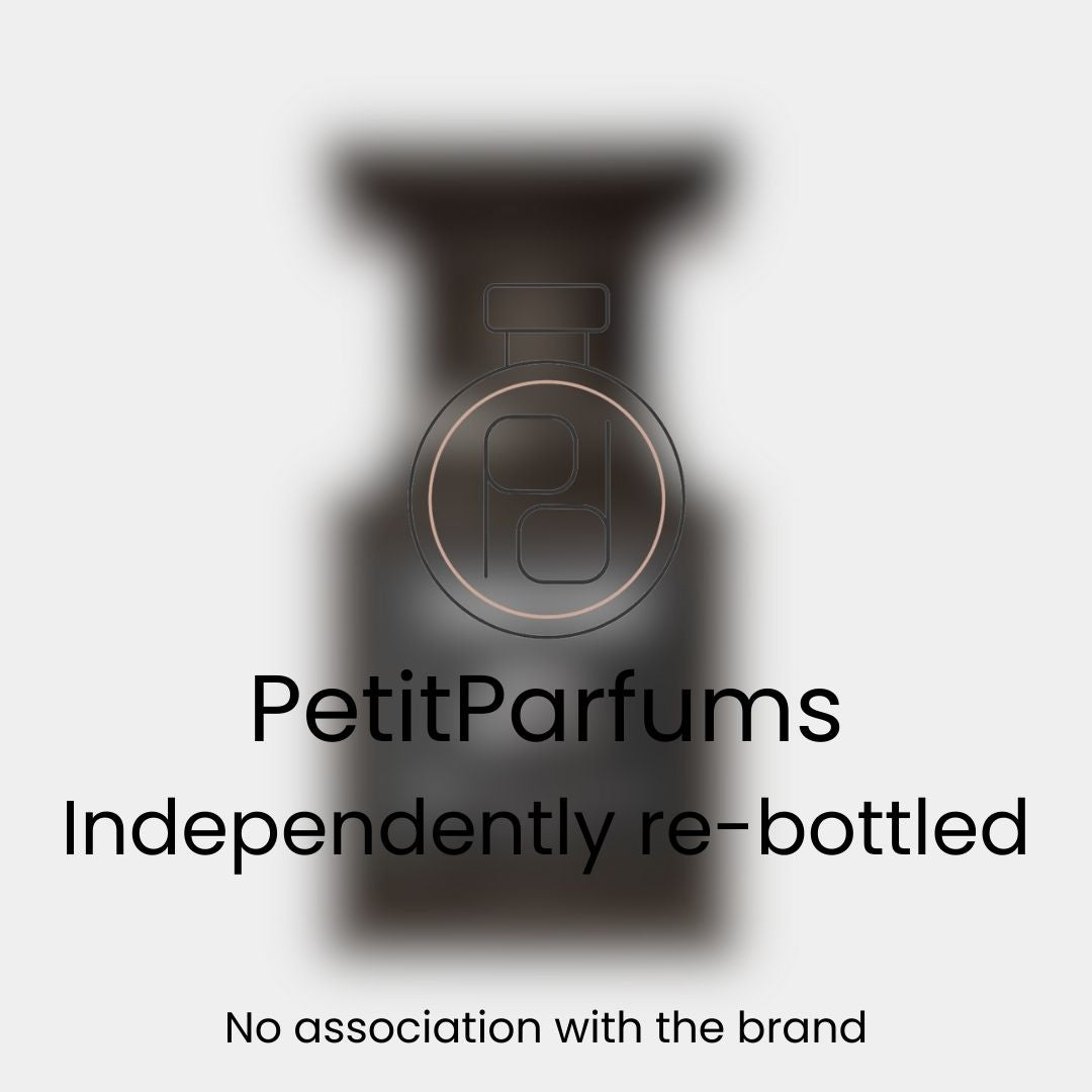 Oud Wood Sample in a sleek black bottle, presented by PetitParfums, indicating it has been independently re-bottled with no association to the original brand.