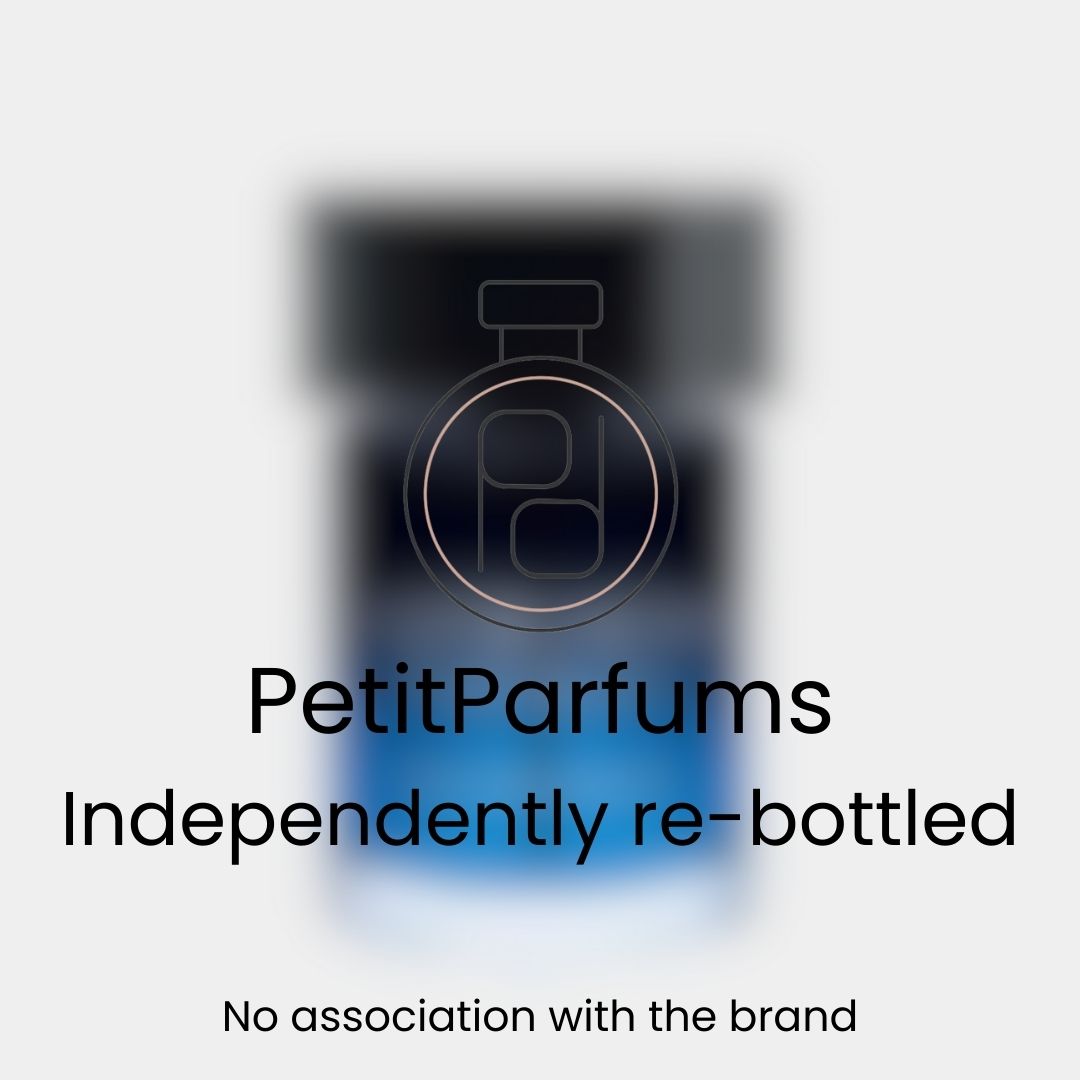 Sample bottle of 'La Nuit de L'Homme Bleu Electrique Intense', featuring a sleek design with a gradient blue color scheme, re-bottled by PetitParfums. The packaging highlights its independent labeling, indicating no direct association with the original brand.