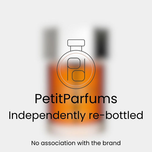 L'Homme Intense EDP Sample in a re-bottled flask, showcasing a rich amber liquid. The label indicates it is independently re-bottled with no association to the original brand.