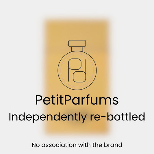 Sample of Noir Extreme Parfum from PetitParfums, presented in a clear, independently re-bottled packaging. The label emphasizes there's no association with the original brand.
