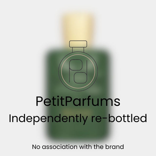 Haltane Sample is a re-bottled fragrance displayed in a sleek green bottle with a gold cap, featuring a stylized logo of PetitParfums, indicating independent packaging with no brand association.