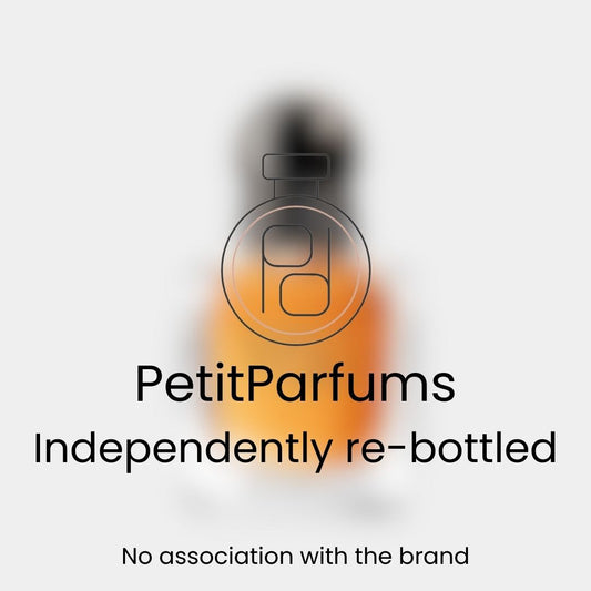 Sample of 'Stronger With You Pour Homme,' featuring a blurred bottle design with a warm amber hue, presented by PetitParfums. The label indicates it is independently re-bottled, with no association with the original brand.