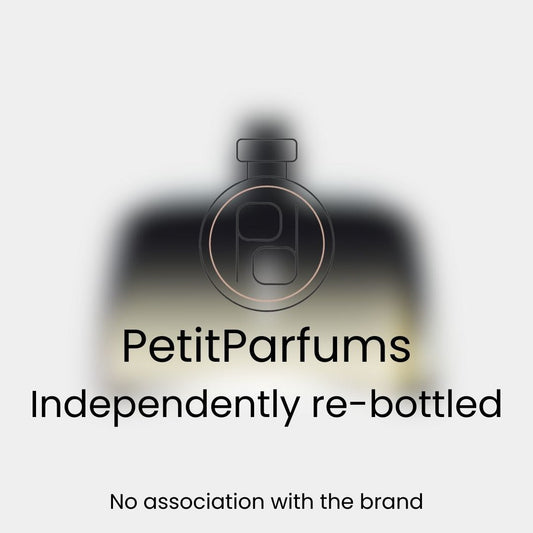 I Sample of PetitParfums, independently re-bottled perfume with no association to the original brand, featuring a blurred background of a classic perfume bottle.