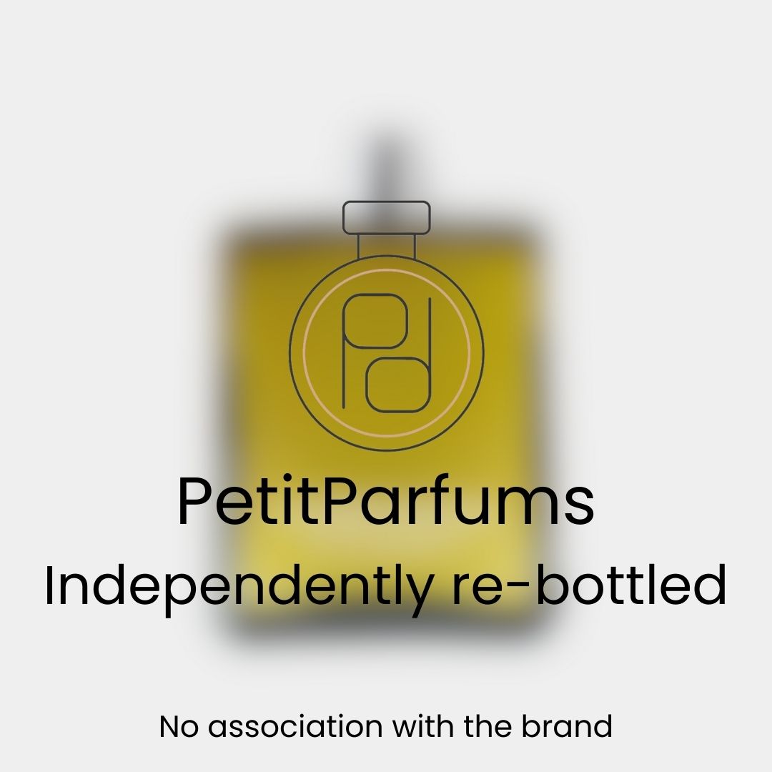 Homme Parfum Sample showcasing a sleek fragrance bottle with a yellow label, labeled as PetitParfums, indicating it has been independently re-bottled. The design emphasizes a no association with the original brand.