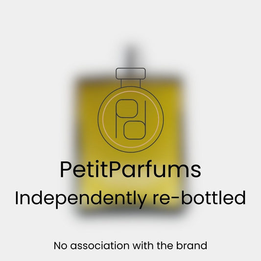 Homme Parfum Sample showcasing a sleek fragrance bottle with a yellow label, labeled as PetitParfums, indicating it has been independently re-bottled. The design emphasizes a no association with the original brand.