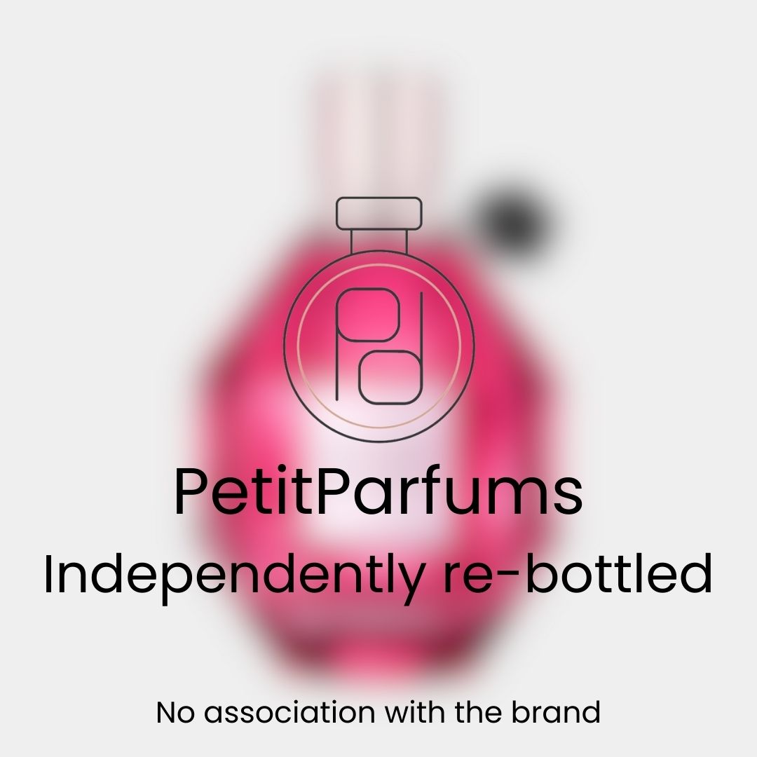 A close-up image of a pink perfume bottle labeled 'Flowerbomb Ruby Orchid Sample', featuring a stylish design. The bottle is presented with a brand note indicating it has been independently re-bottled.
