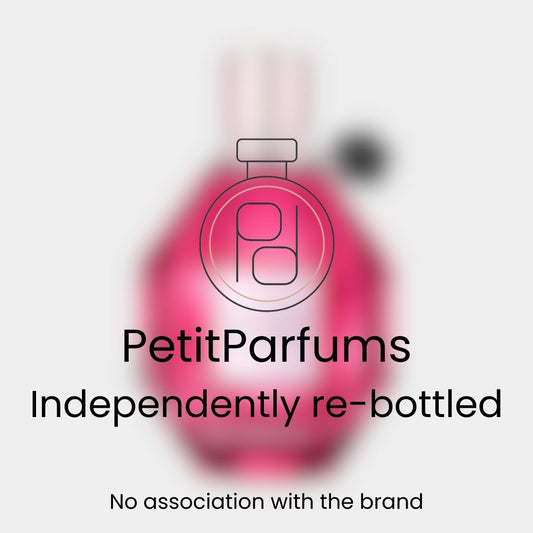 A close-up image of a pink perfume bottle labeled 'Flowerbomb Ruby Orchid Sample', featuring a stylish design. The bottle is presented with a brand note indicating it has been independently re-bottled.