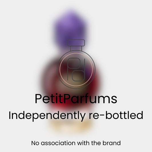 A blurred image of the 'Good Fortune Elixir Intense Sample' perfume, featuring a distinctive bottle design with a purple cap. The label indicates that it is independently re-bottled by PetitParfums, with no association to the original brand.