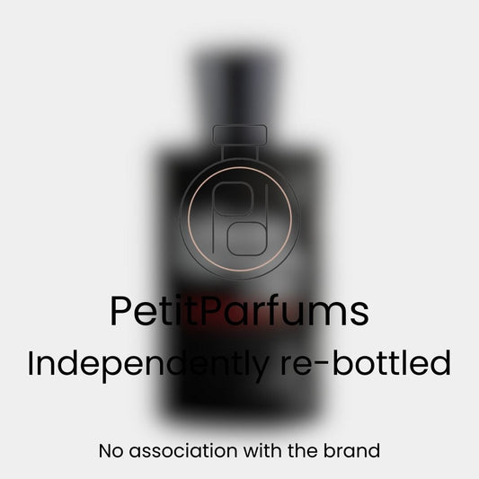 Lady Vengeance Sample in a dark, elegant bottle with a minimalist design, featuring the PetitParfums logo and a note highlighting that it is independently re-bottled with no association to the original brand.