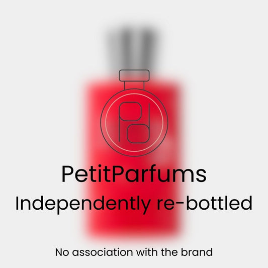 A red perfume bottle labeled Mmmm... Sample with a logo indicating it is independently re-bottled by PetitParfums, featuring the note No association with the brand.
