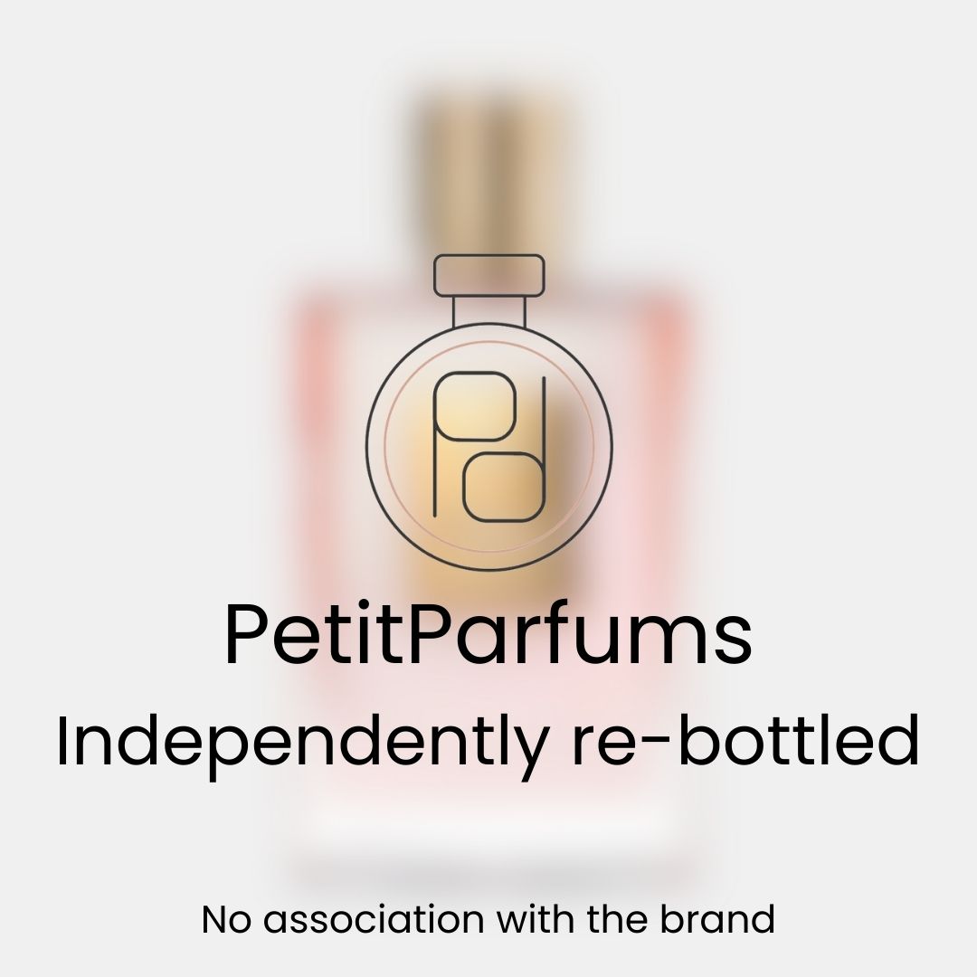 A sample bottle of 'Love Don't Be Shy' fragrance from PetitParfums, featuring a minimalist design and a soft pink hue, indicating it has been independently re-bottled.