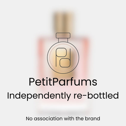 A sample bottle of 'Love Don't Be Shy' fragrance from PetitParfums, featuring a minimalist design and a soft pink hue, indicating it has been independently re-bottled.